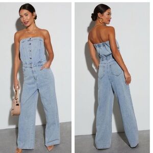 GILLI Denim Strapless Jumpsuit Button Front Wide Leg Small